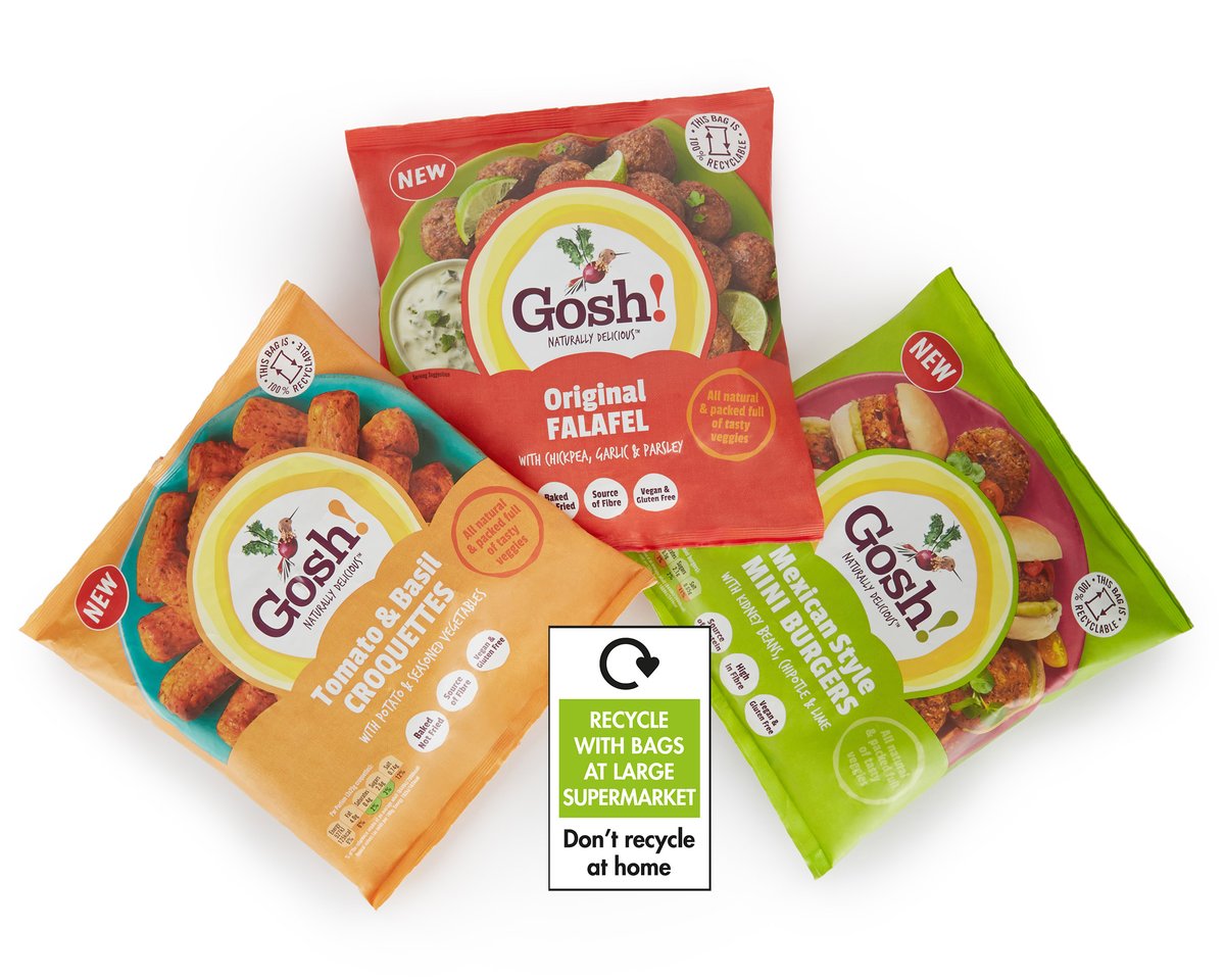FFP_Packaging's tweet photo. We were delighted to have the opportunity to work with Gosh! Food again to provide them with 100% recyclable packaging for their new trio of frozen vegan lines.
The products have launched in a very tactile and natural looking matt effect all PE laminate: https://t.co/pHIekvv8PM https://t.co/8g5pLJmsLD