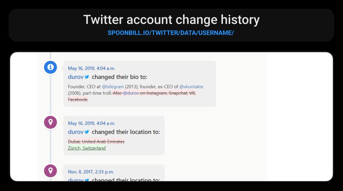 HowToFind_bot's tweet image. How to find Twitter account change history
spoonbill.io/twitter/data/U… — history of changes in name, bio and other profile data, replace USERNAME with Twitter username.
If there is nothing, you can start following your account after you sign up at spoonbill.io
#OSINT