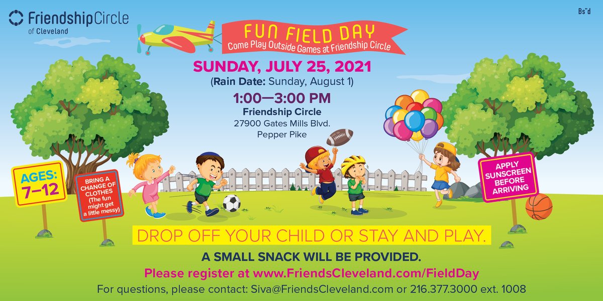 FCofCleveland's tweet photo. Register now for FC's Fun Field Day on July 25 from 1–3 pm.
Children, ages 7–12, will play outdoor games while having fun, face-to-face social interaction with friends.
Register: https://t.co/YZrggjrbVi https://t.co/hLpa0U1JGD