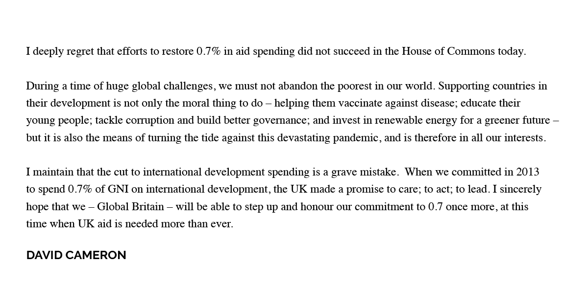 Sorry and saddened that efforts to #KeepOurPromise to the world’s poorest and restore 0.7% did not succeed today. See my full statement on #UKaid below: