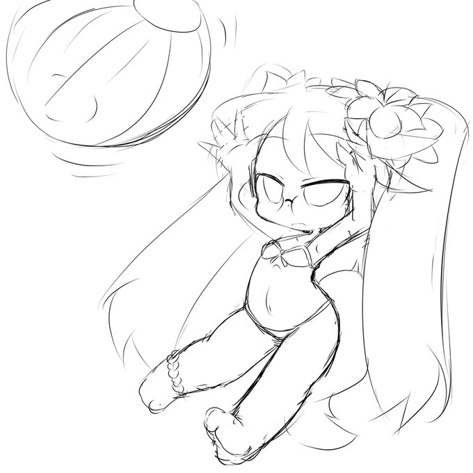 デフォルメと普段描かないポーズの練習をしてたけど、なんか変な感じになってしまった……そんなことよりレトリーにも水着くれ。 