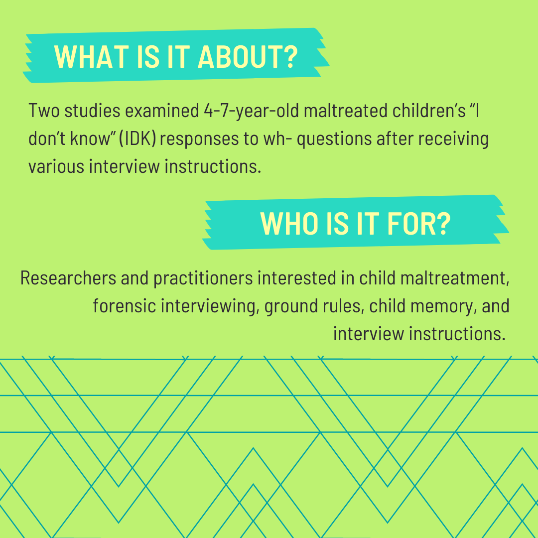 lhb_apls's tweet photo. This week's research highlight is McWilliams et al.'s April 2021 article about forensic interviewing of maltreated children. Click here to read the full abstract- https://t.co/XvqZdl4CsI #forensicinterviewing #childmaltreatment @APLS41 @APLSsc https://t.co/33DelRgyuu