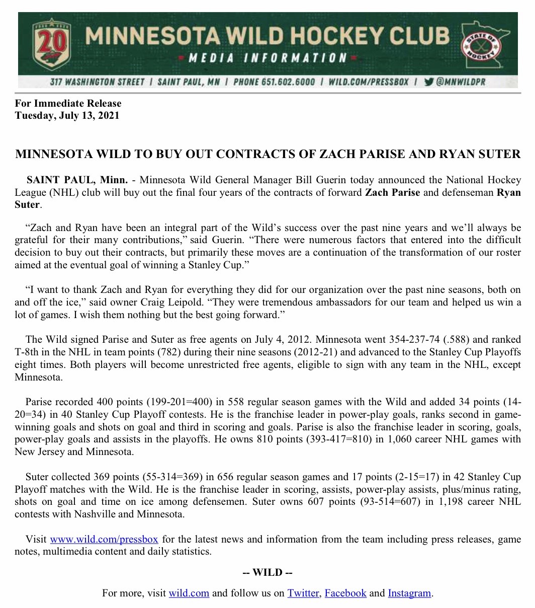 Minnesota Wild buy out Parise and Suter contracts