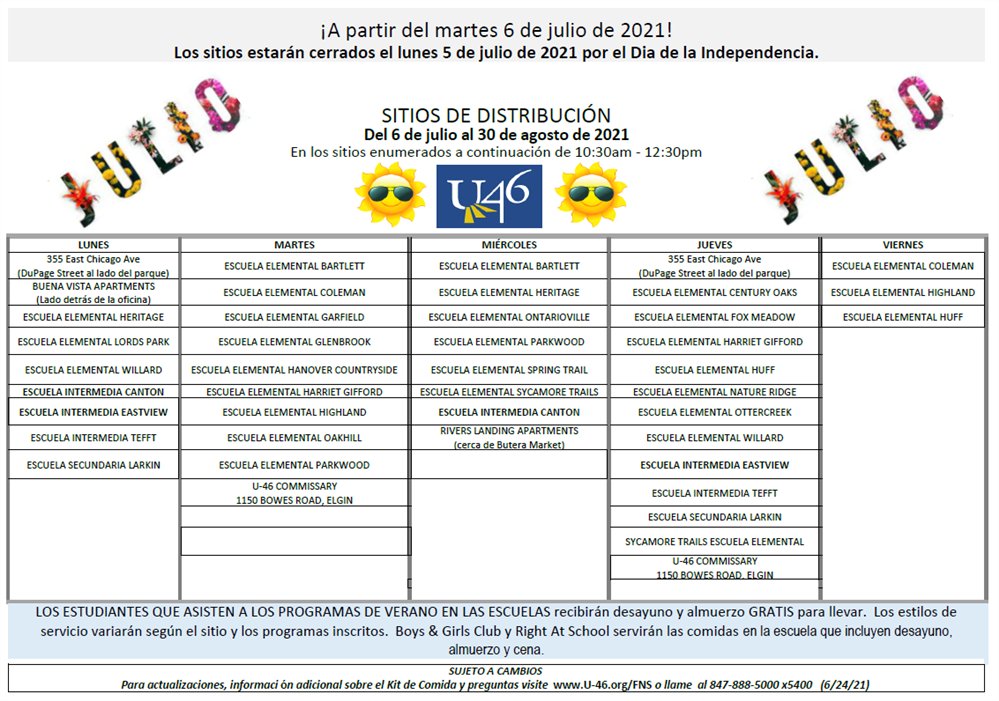 Through August 6th, Monday-Friday from 10:30 a.m. to 12:30 p.m., School District U-46  is providing free meals to all children 18 and under.

In each box, there will be a week's worth of breakfast and lunch meals for the children in the household. 

No paperwork is required.