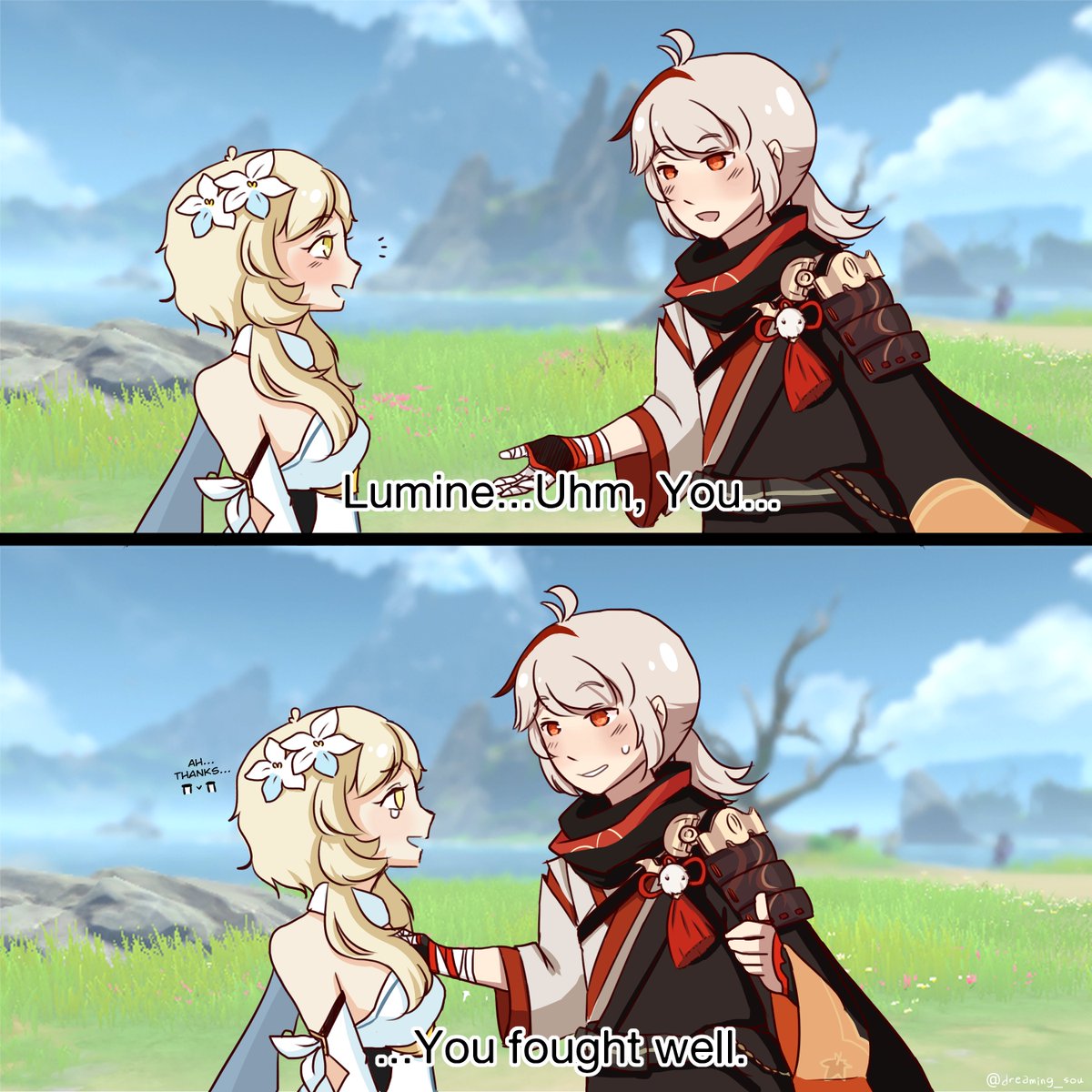 dreaming_sou's tweet photo. Kazuha is screaming inside lol, somebody help this man flirt 😔

I've been wanting to draw a parody of that scene in Mulan ever since I finished Kazuhas Story quest, it's just so similar 😂
#kazulumi https://t.co/P4NgKiSoam
