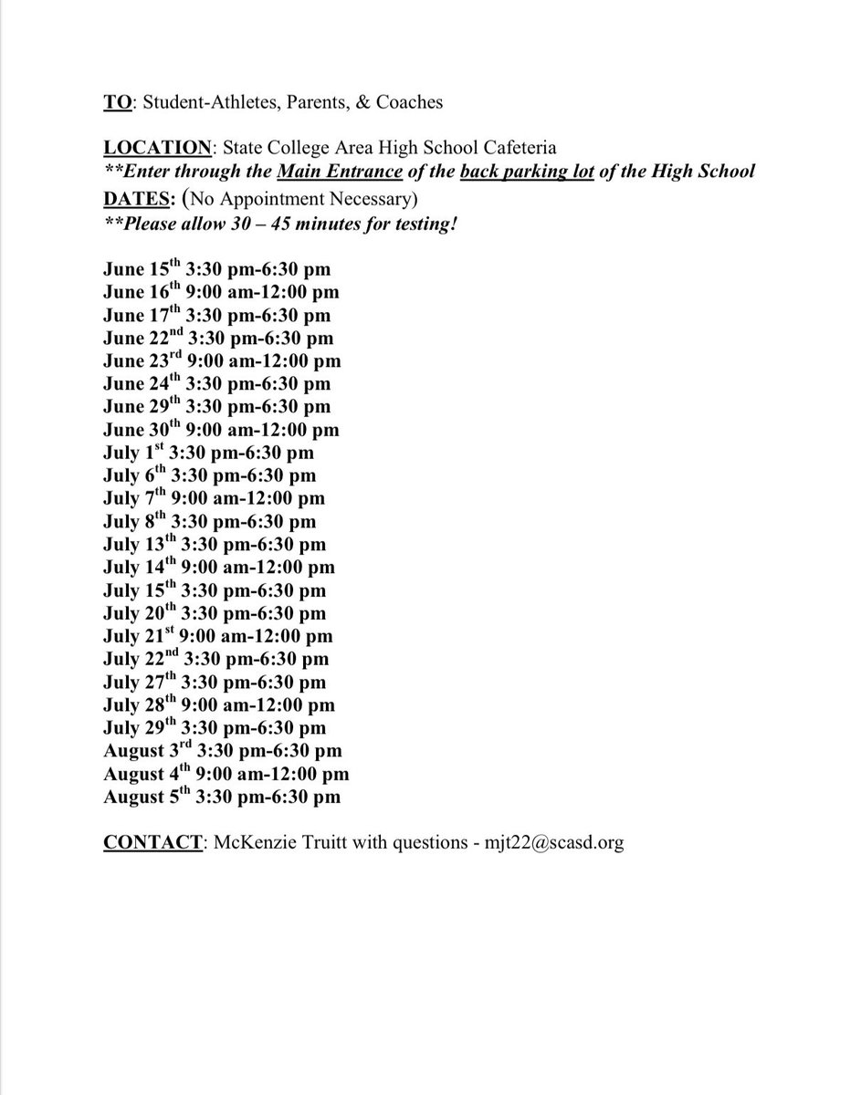 Concussion Testing‼️ 
Baseline tests must be completed for an athlete to be eligible for the first day of Fall practices! Email McKenzie with any questions mjt22@scasd.org