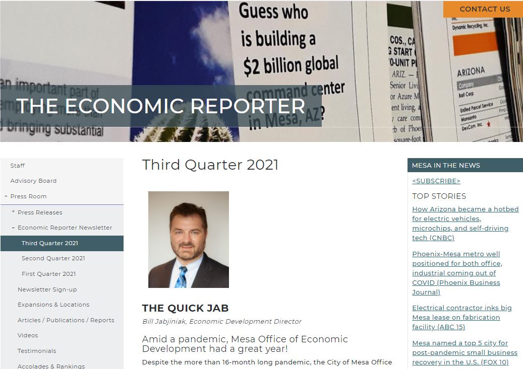 MesaEconDev's tweet photo. Enjoy the Third Quarter 2021 Economic Reporter Newsletter - a quarterly newsletter produced by the City of Mesa Office of Economic Development! https://t.co/Pt1sJOY2sv @CITYOFMESA @VisitMesa @mesacc @LocalFirstAZ #MesaAZ #MesaEconDev #SelectMesa #economicdevelopment #AZFreetoBe https://t.co/BFIfgewHSN