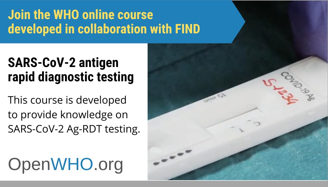 WHO's tweet photo. Learn how to safely perform SARS-CoV-2 Antigen RDT testing, ensure quality testing and interpret #COVID19 results in this free 🆕 online course on #OpenWHO

👉 https://t.co/KwNzHOrPdt https://t.co/LwIrN4XcJp