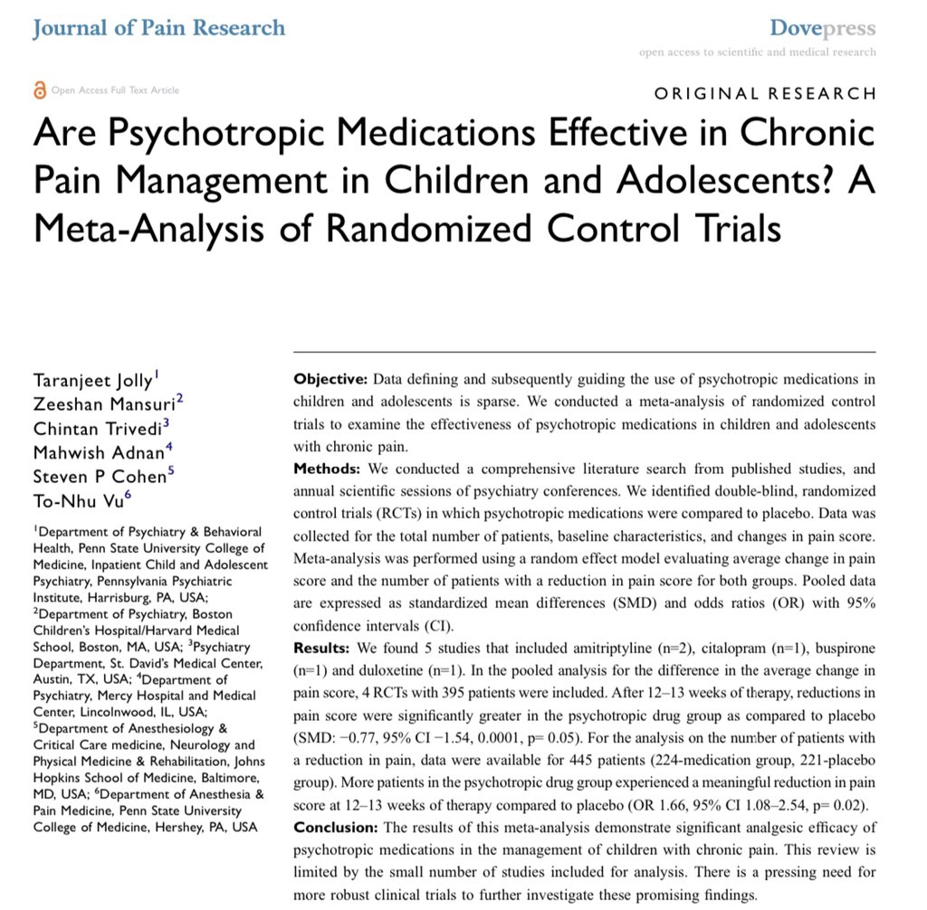 Are Psychotropic Medications Effective in #ChronicPain Management in Children and Adolescents? ⬇️ in pain score were greater in psychotropic drug group compared to placebo.
Meds: 
*️⃣citalopram
*️⃣amitriptyline
*️⃣ duloxetine
*️⃣ buspirone
#PedsPain dovepress.com/getfile.php?fi…