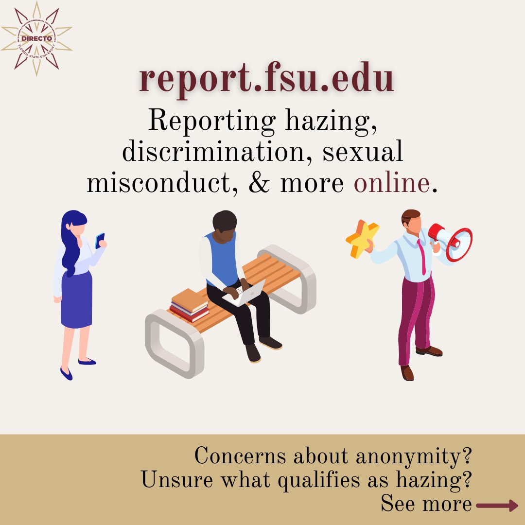 fsu_directo's tweet photo. Have you experienced issues with misconduct or discrimination at #FSU? You can report online at https://t.co/d2o6TVLFOe. Here is additional info on what can be reported and whether it can be reported anonymously. 

#fsudirecto #DiversityAtFSU #DiversityMatters https://t.co/fSGIOSnB9o