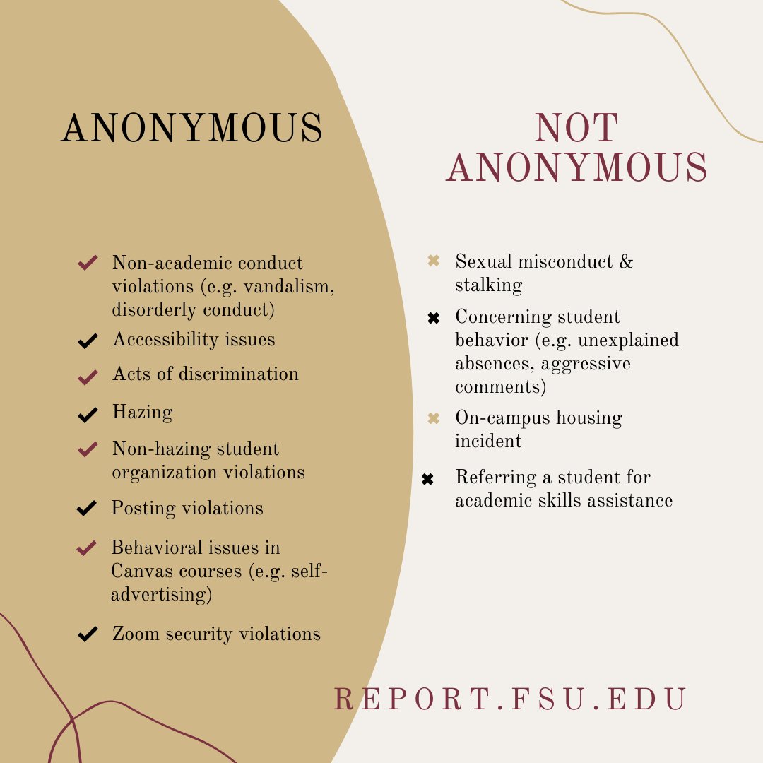 fsu_directo's tweet photo. Have you experienced issues with misconduct or discrimination at #FSU? You can report online at https://t.co/d2o6TVLFOe. Here is additional info on what can be reported and whether it can be reported anonymously. 

#fsudirecto #DiversityAtFSU #DiversityMatters https://t.co/fSGIOSnB9o