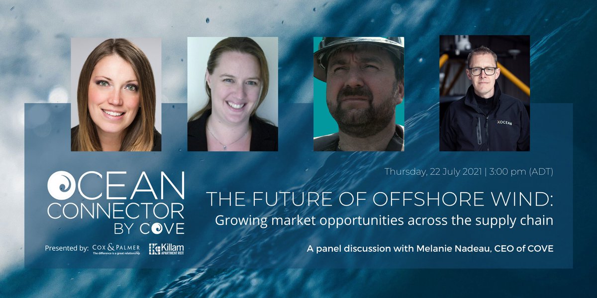 We are discussing the future of #offshorewind at our next #OceanConnector! Join us on July 22 for a panel discussion with global leaders in the sector, @ElisaObermann (@Canadian_MRE), @E_Daily_Donahue (@TCS_SDC), Robin Lohnes & @jives73 (@xoceansocial).

👉eventbrite.ca/e/161783796691