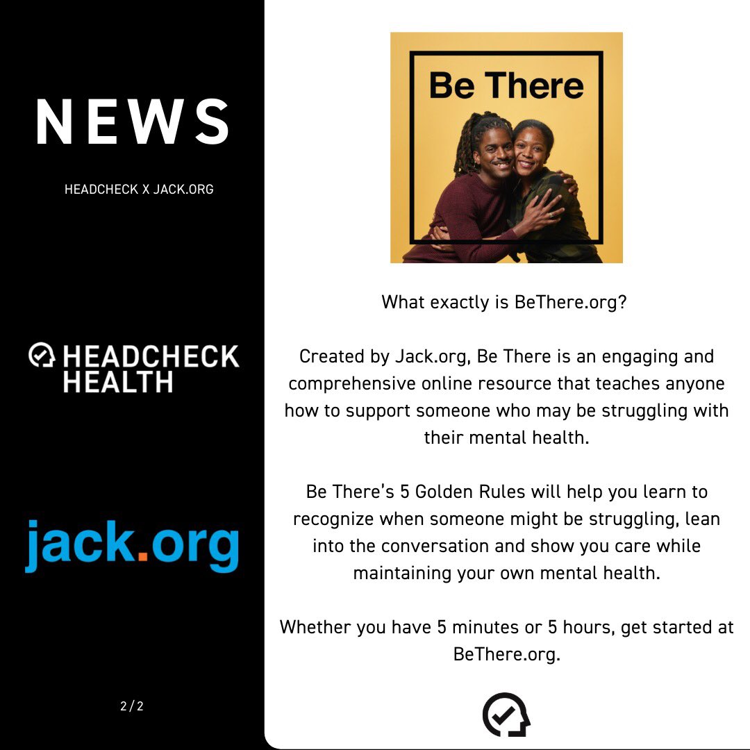 HEADCHECKHealth's tweet photo. HeadCheck Health has partnered with @jackdotorg to spread the word about their educational resource Be There.
Full Article: https://t.co/aFd0lw21Gq
#mentalhealth #bethere #mentalhealthmatters #youthmentalhealth #wellness #mentalhealthstories #support #jackdotorg https://t.co/yy520VbilA