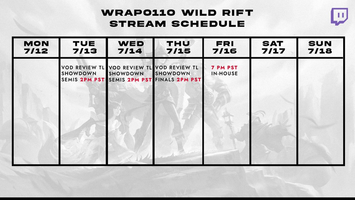 _apo11o's tweet photo. Wild Rift stream schedule for this week! https://t.co/P5gmfQAeDg