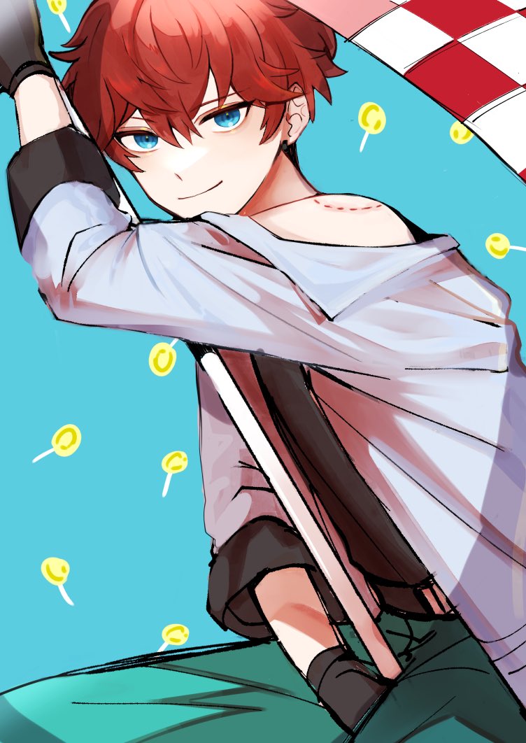 1boy male focus blue eyes solo looking at viewer red hair smile  illustration images