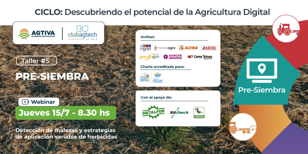 Club_AgTech's tweet image. Se viene el 5to. Taller del Ciclo “Descubriendo el potencial de la Agricultura Digital”
¿Cómo nos ayudan las tecnologías para mejorar estos procesos? Análisis de casos y resultados. 📲

🗓️ 15/7 - 8.30 hs
🔗 Anotate acá: bit.ly/Agric-Digital