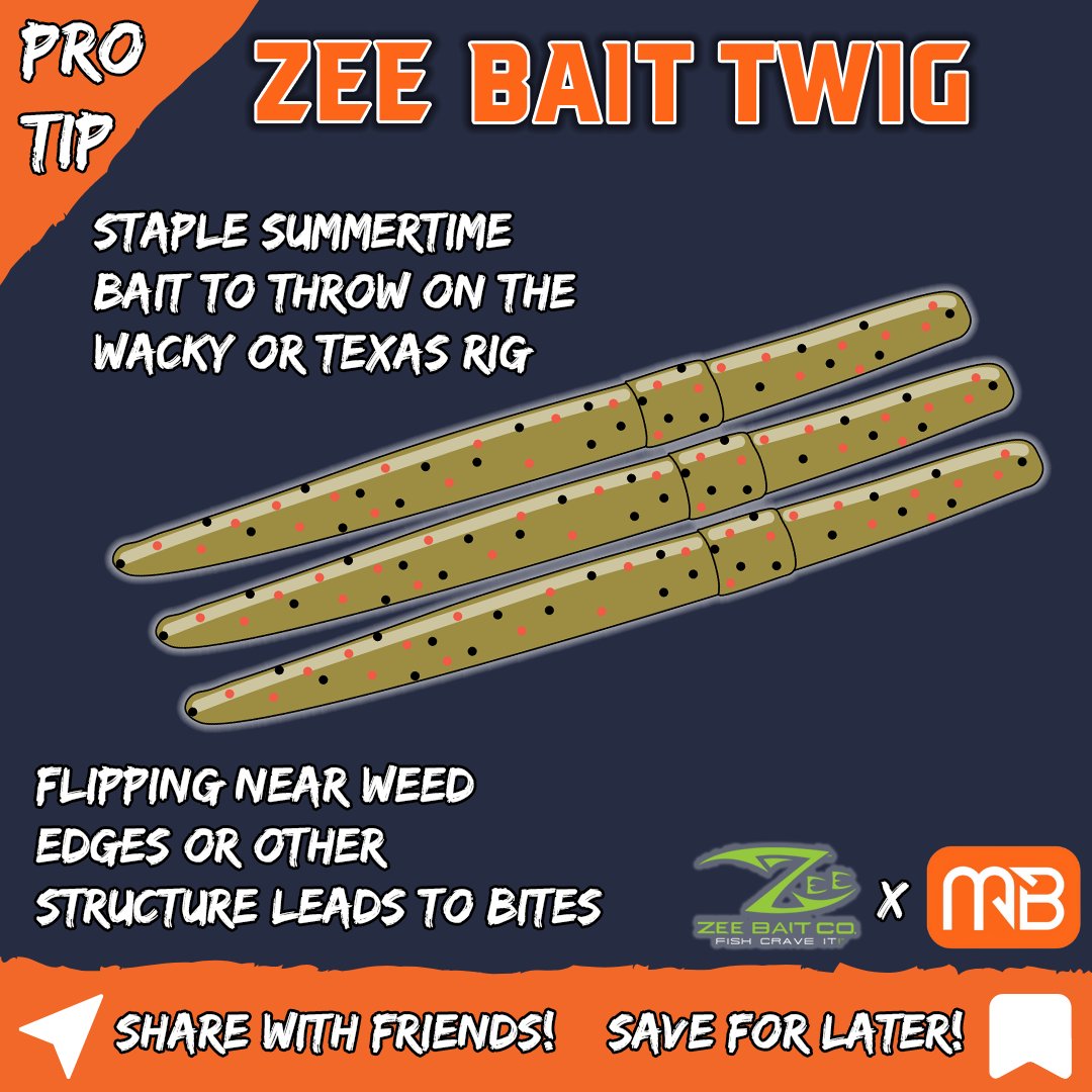Pro Tip: Keep finesse fishing simple during Summer when tossing straight tail worms like the <a href="/zeebaitco/">Zee Bait Co. LLC</a> Twig! 🤓

Pairing a natural colored worm with a shaky head, wacky hook, or Texas rig will give you MONSTER hookups! 🔥
#MBTackleTip