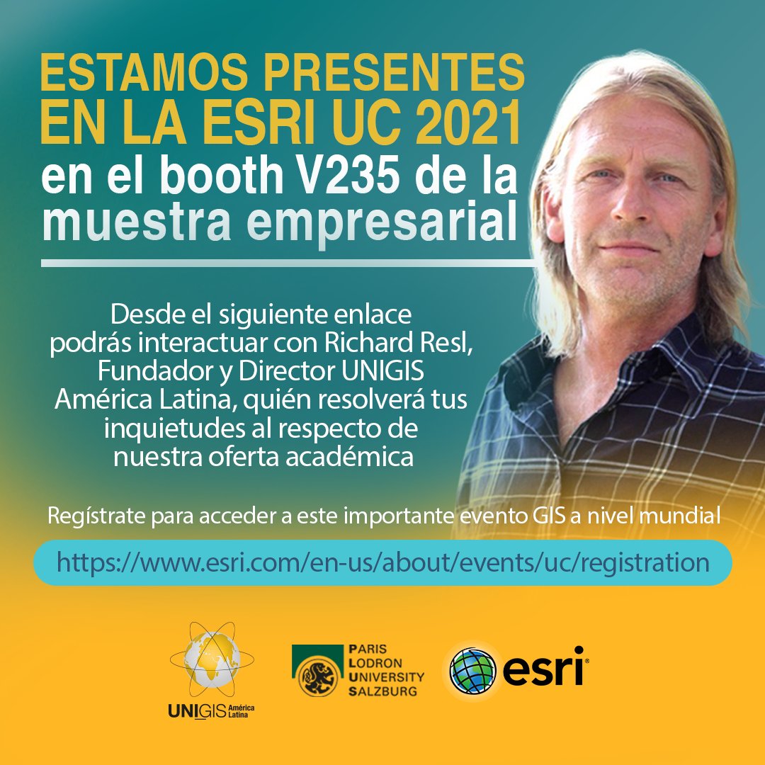 UNIGIS América Latina presente en la ESRI UC 2021
Descarga  todo nuestro material corporativo e información acerca de nuestra oferta académica: myfiles.sbg.ac.at/index.php/s/so…
Regístrate y sigue los pasos para tener acceso a la ESRI UC 2021 y poder interactuar con Richard Resl: