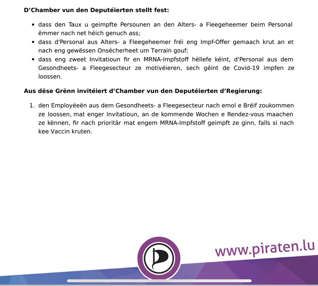 svnee's tweet photo. Majoritéit an der @ChambreLux stëmmt DERGÉINT fir de Leit aus dem Gesondheets- a Pfleegesecteur eng weider Invitatioun fir eng mRNA-Impfung zoukommen ze loossen. Da musse mer eis net wonneren wann den Taux weider sou niddreg bleift… #lamentabel 🤯 https://t.co/0lqRLcslkq