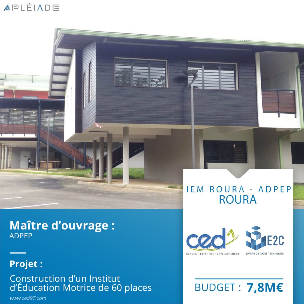 GroupePLEIADE's tweet photo. Construction d’un Institut d’Éducation Motrice (IEM) de 60 places à  Roura. Une structure d'accueil pour 40 enfants en semi-internat et 20 enfants en internat;

* MO : ADPEP 
* Budget Travaux  : 7,8 M€ 
* date de livraison : Avril 2018

#construction #ingénierie #guyane #btp https://t.co/WoE2NaxvcQ