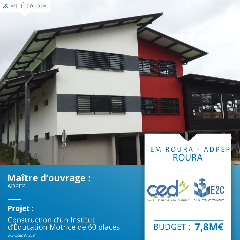 GroupePLEIADE's tweet photo. Construction d’un Institut d’Éducation Motrice (IEM) de 60 places à  Roura. Une structure d'accueil pour 40 enfants en semi-internat et 20 enfants en internat;

* MO : ADPEP 
* Budget Travaux  : 7,8 M€ 
* date de livraison : Avril 2018

#construction #ingénierie #guyane #btp https://t.co/WoE2NaxvcQ
