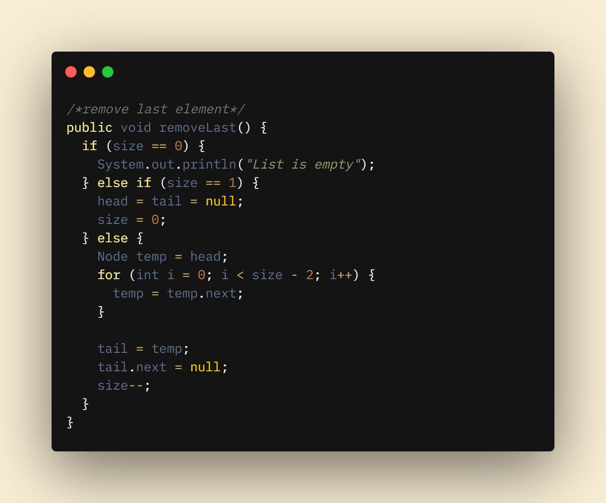 Day 70 of #100daysofcode 

• Add an element in the first position in Linked List 

• Add an element at a given position in Linked List 

• Remove last element from LinkedList