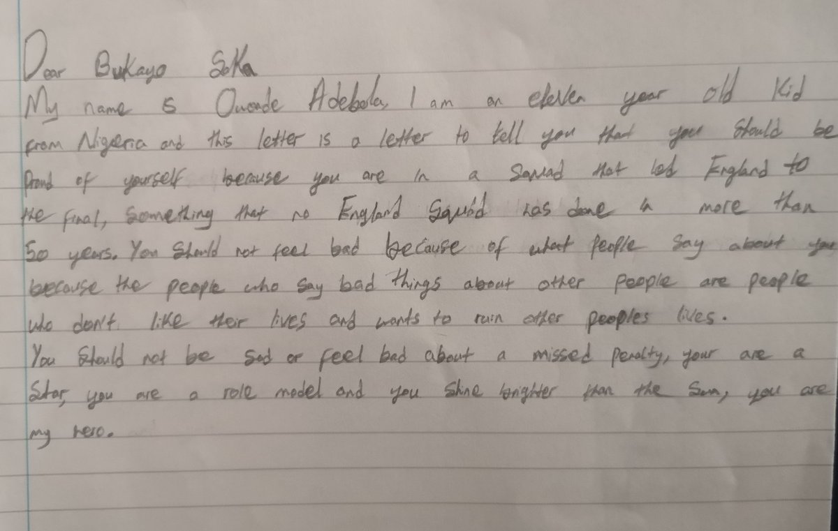 SouthwoldSchool's tweet photo. Dear @BukayoSaka87, please accept our letters of admiration and support. We have had some great discussions in school this week and wanted to tell you how we feel ❤️ #ProudOfEngland ⚽ https://t.co/zYzwfYSYZI