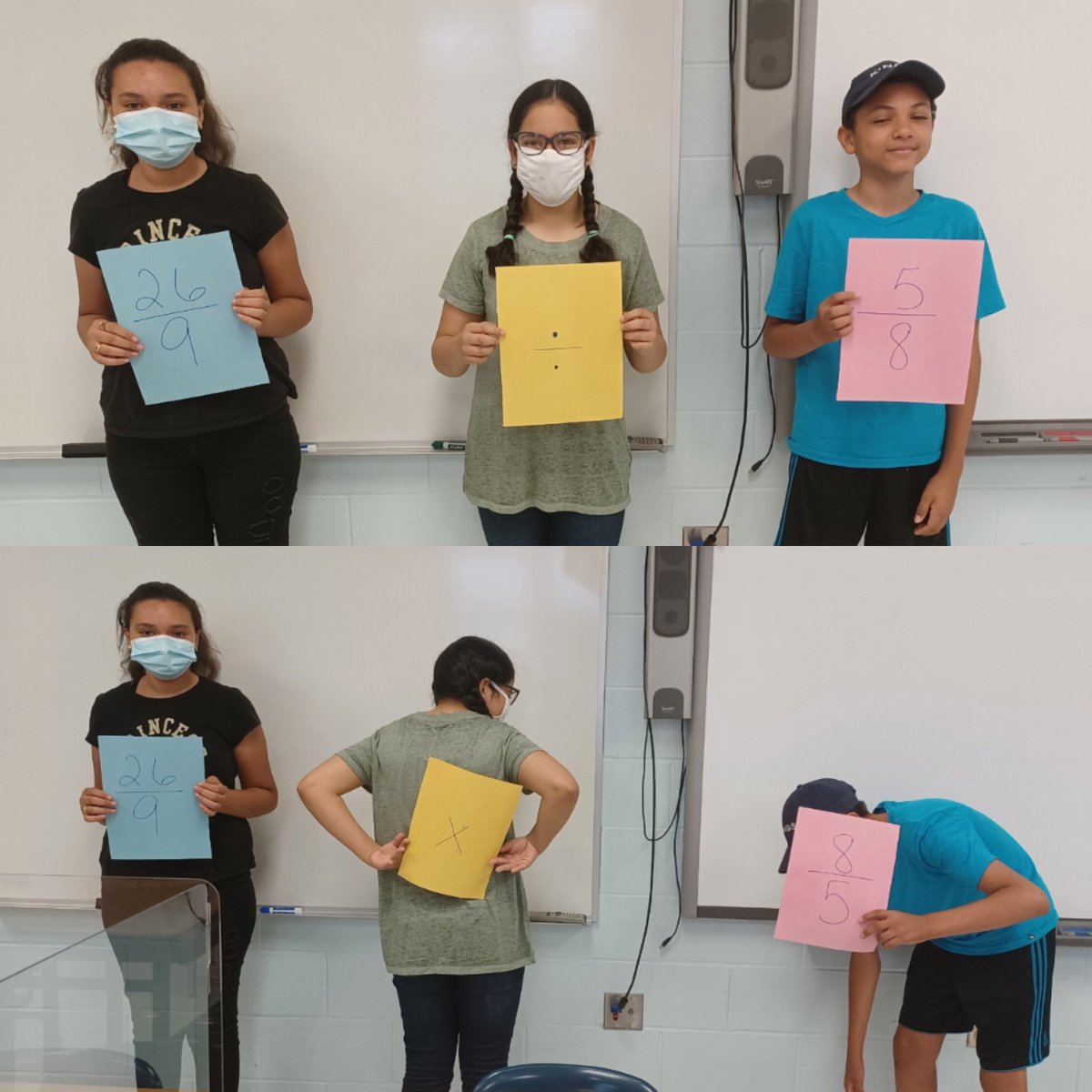 BPSMathDept's tweet photo. Jessica Girgis, Roqia Sayed, and Abdel Bouri from Ms. Olander's class in the Summer Learning Academy at Nicholas Oresko display a helpful strategy for remembering the process to divide fractions. https://t.co/0FQZu2RWxe