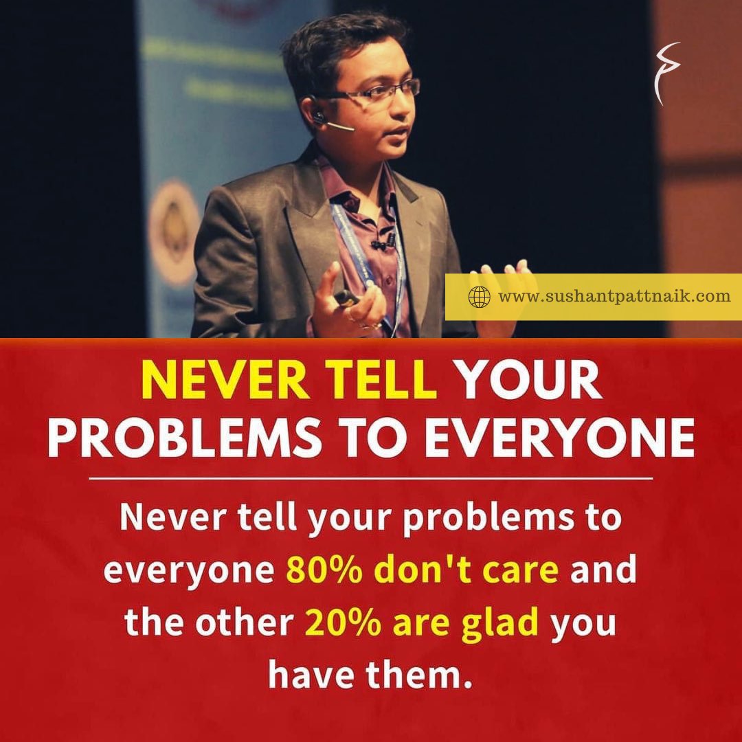sushantinthinks's tweet photo. Never tell your problem to anyone !!!
#sushantpattnaik #empoweringfuture #motivation #motivationalquotes #motivationalspeaker #seminar #webinar #innovator #entrepreneur #entrepreneurlife #entrepreneurship #tedspeaker #inkfellow #presidentofindiaawardee #inspirationalquotes https://t.co/bPp8kzji9S