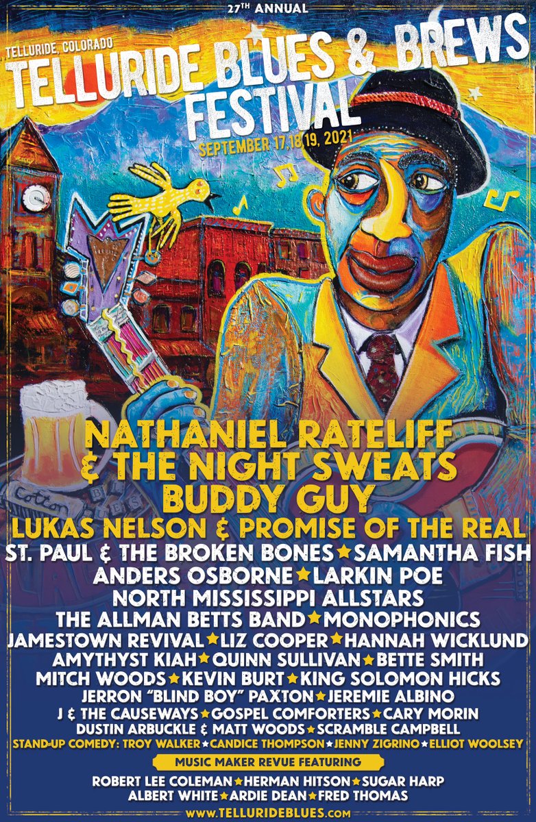 Welcoming <a href="/amythystkiah/">Amythyst Kiah</a> and <a href="/BetteSmithMusic/">Bette Smith</a> to the 2021 #TellurideBlues lineup. We’re also looking forward to the stand-up comedy lineup featuring <a href="/TroyWalkeresq/">LonelyFans 🇺🇸</a>, <a href="/jokesbyCandice/">Candice Thompson</a>, @jennyzigrino and Elliot Woolsey. Details →  tellurideblues.com/lineup