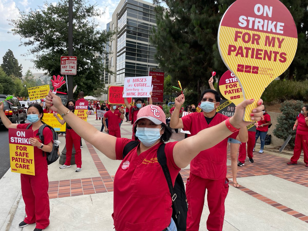 CalNurses's tweet photo. The mighty, mighty union nurses of @KeckMedUSC and @uscnorris are on #RNStrike today to tell management: 

🗣️  "USC needs to do better." 🗣️

Our patients' safety is jeopardized by chronic short staffing — we're willing to fight for the #SafeStaffing they deserve! https://t.co/zaqkXduHoS