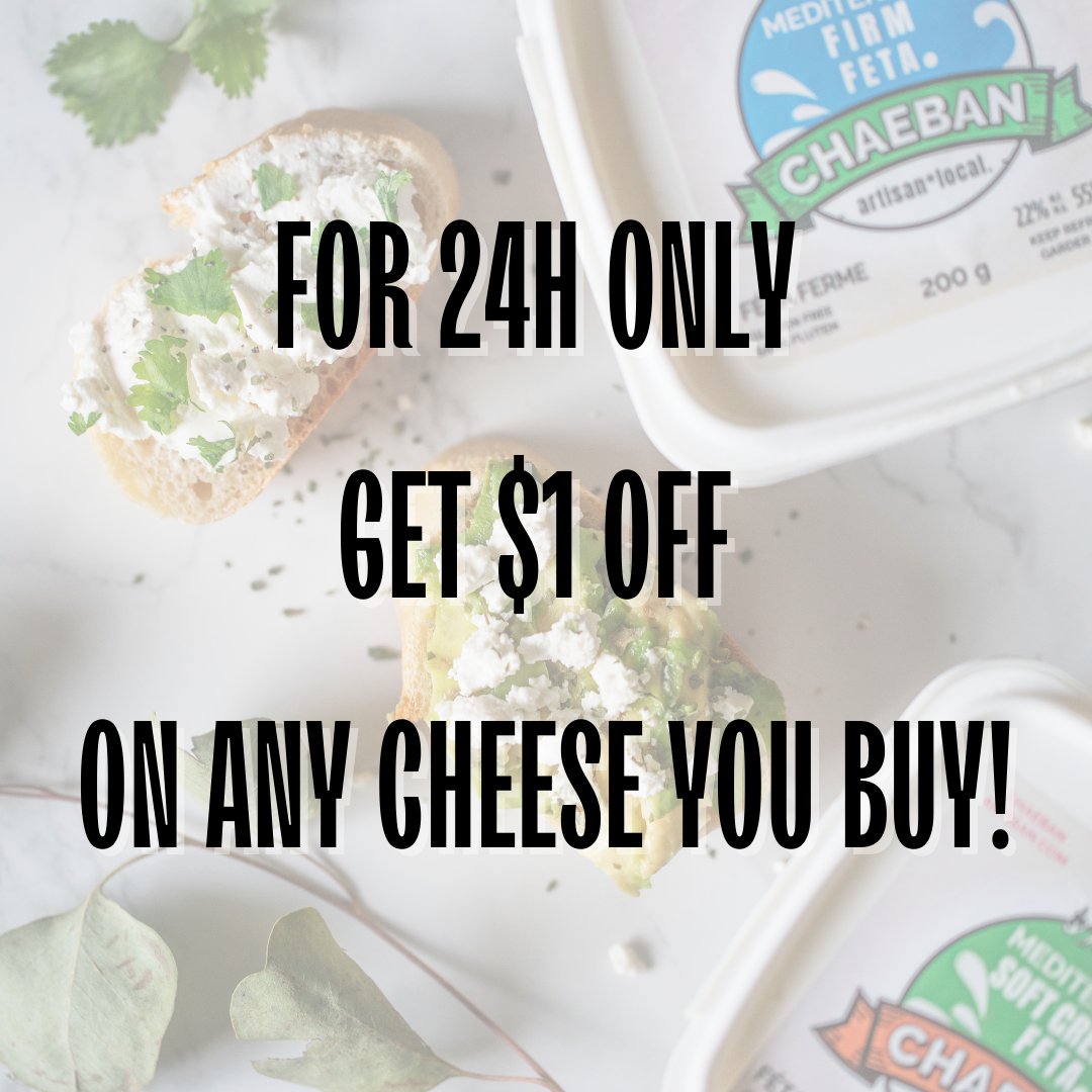 Starting now, and for 24h only*, get $1 off on any cheese you buy in our online store - with a minimum purchase of 2 items - but you can buy as much cheese as you want!

Hurry up - time goes by really fast! Just click on the link below and order yours now:
chaeban-ice-cream.myshopify.com/collections/ch…