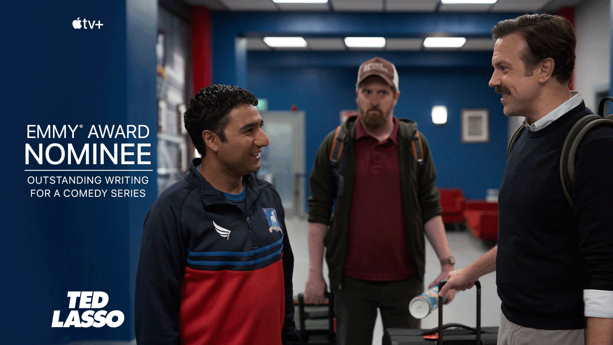 AppleTV's tweet photo. Congratulations to @JasonSudeikis, @VDoozer, @BrendanHunting, and @JoeKellyJK47 from #TedLasso on their #Emmy nomination for Outstanding Writing for a Comedy Series for "Pilot." https://t.co/SvG1TJ76jr