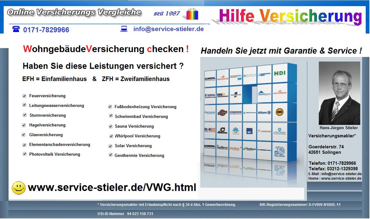 Welche #Versicherung braucht man bei #Hochwasser?
*
Welche #Versicherung "zahlt" bei #Hochwasserschäden?
*
Die #Elementarversicherung schützt und zahlt bei #Hochwasser

Eine Elementarversicherung kann man in der Regel in Kombination mit einer #Wohngebäudeversicherung abschließen. 
Sie umfasst dann u.a. #Schäden durch folgende #Naturereignisse: 

#Überschwemmungen 
#Rückstau
#Lawine.

Wenn durch Wasser bzw. Hochwasser im Keller Schäden an eigenen Gegenständen, Möbeln etc. entstehen, 
ist die Hausratversicherung zuständig. 

Kommt es zu Schäden am Gebäude, wendet man sich an die Gebäudeversicherung.

Wo ist Starkregen versichert?

Schäden, die durch #Starkregen am #Gebäude oder Ihrem #Inventar verursacht werden, 
zählen zu den Elementarschäden diese können Sie hier direkt online versichern.

#Wohngebäudeversicherung checken !

http://www.service-stieler.de/VWG.html

Service-Büro-Stieler
Versicherungsmakler*
Goerdelerstr. 74
42651 Solingen
Telefon: 0171-7829966
Telefax: 03212-1329398
E-Ma