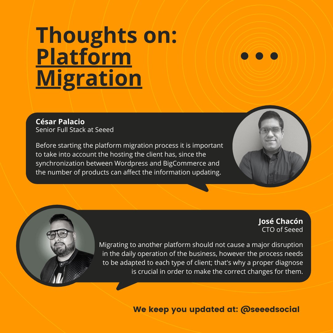 seeedsocial's tweet image. 💡Thoughts on: #PlatformMigration. Today we want to share with you some thoughts of one of our Senior Full Stack Developers and our CTO, regarding Platform Migration, and what you should take into account before starting this process so your company can start scaling properly.