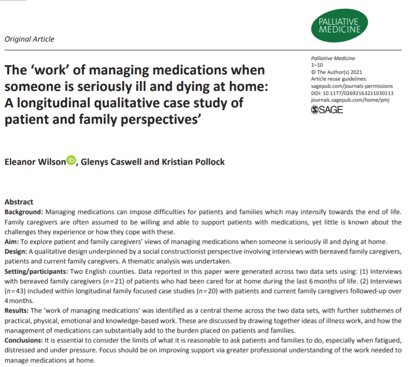 PalliativeMedJ's tweet photo. Family caregivers are increasingly expected to undertake complex and technical medication tasks formerly carried out by professionals, but with little if any training, supervision or support; this trend has been exacerbated by COVID-19. #hpm #hapc https://t.co/jZumcQ8fqi https://t.co/FcLKOkDYVd