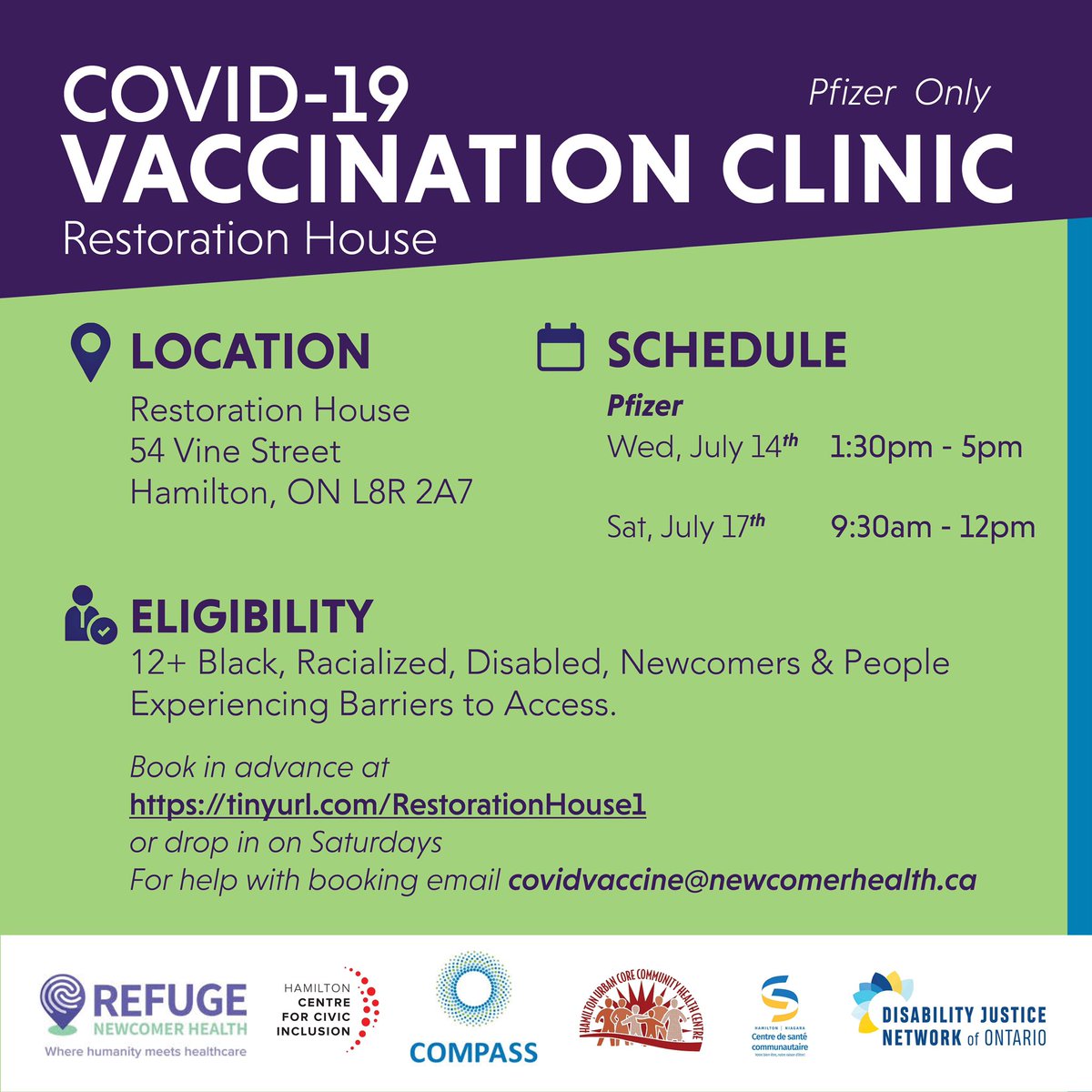 Refuge_HCNH's tweet image. PFIZER vaccines available

WEDNESDAY July 14,  1:30-5:00 and  
SATURDAY July 17, 9:30-12:00

Limited walk in spots available in a first-com first-served basis 🌟

To book an appointment:
tinyurl.com/RestorationHou…

For help or supports, email: covidvaccine@newcomerhealth.ca