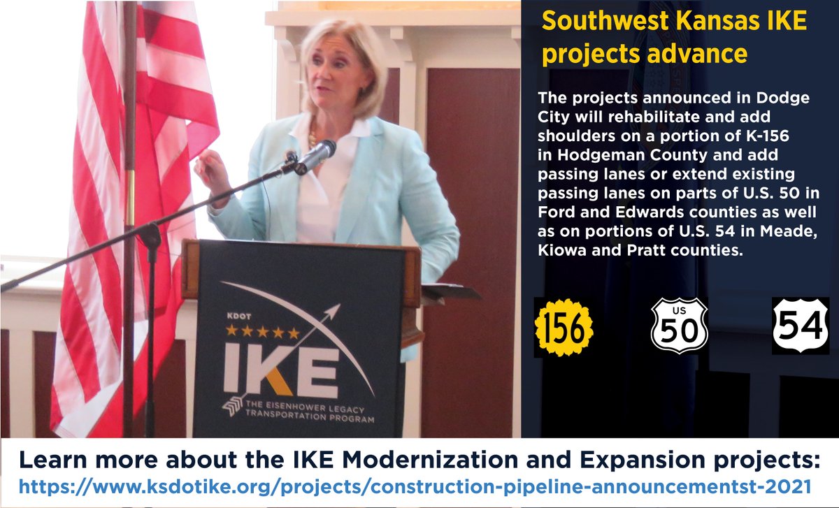 Western Kansas IKE projects will rehabilitate &amp; add shoulders on a portion of K-156 in Hodgeman CO. &amp; add passing lanes/extend existing passing lanes on parts of U.S. 50 in Ford &amp; Edwards CO. &amp; on portions of U.S. 54 in Meade, Kiowa &amp; Pratt CO. More info bit.ly/3xGP8M7