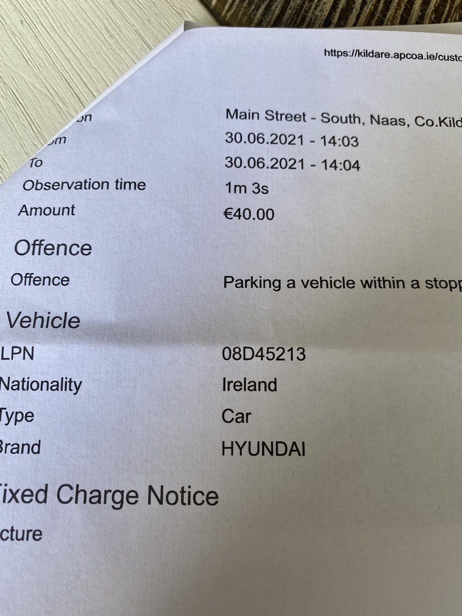 CobyAutos's tweet photo. And some say parking attendants get an unfair rap, @KildareCoCo  pulled in for 1min 3s to pick up our daughter, boom €40 thank you. https://t.co/XxF86s5czT