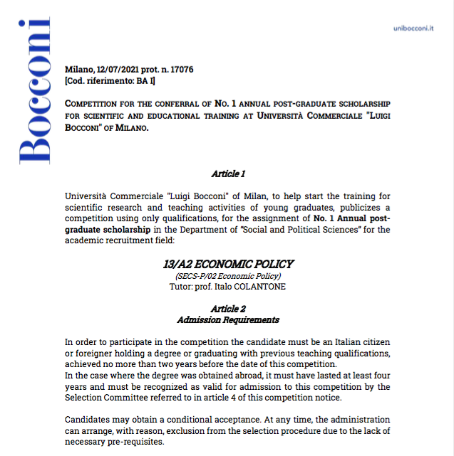 E_Cavallotti's tweet photo. π¨ Job opening #EconTwitter π¨
Prof. #Colantone (@Unibocconi) is looking for a pre-doc RA (with a Master's Degree). Duration: 1 year. Starting date: Oct 2021 π
Apply before 10 Sept with an email to: recruiting-adr@unibocconi.it
Feel free to retweet and ask for info!
@econ_ra https://t.co/oaaJfXu38G