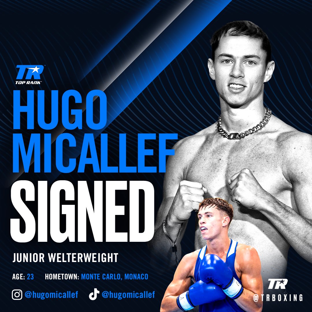 ✍️ 𝙎𝙄𝙂𝙉𝙀𝘿 🤝 Representing the Principality of Monaco, with more than 100 amateur wins under his belt, welcome Hugo Micallef to #TeamTopRank. 📺💻📱 The Junior Welterweight will make his pro debut in Paris Friday, Sept. 10, on ESPN+.