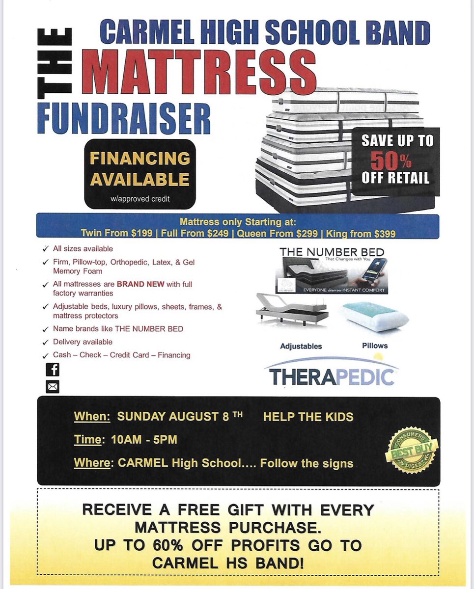 CarmelBands's tweet photo. SAVE THE DATE.....
for our Annual Mattress Sale Fundraiser!
50% OFF Retail Store Prices!
Get a better night's sleep &amp; support the CHS Band Program at our Annual  Mattress Sale!

Sunday August 8th
10am - 5 pm
CHS Freshman Cafeteria
(Enter Door 1, 13 or 16)
https://t.co/De6DALlEzb https://t.co/fPZNGYD18u