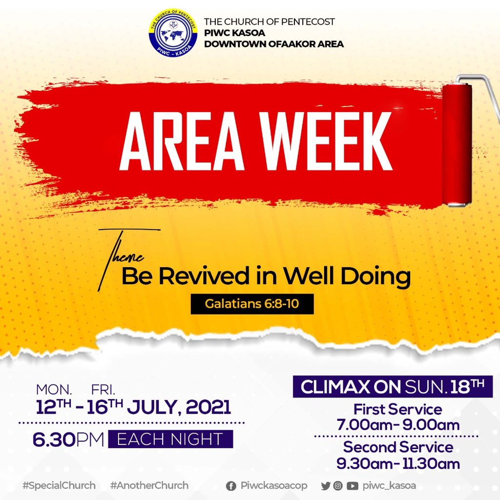 Piwc_Kasoa's tweet photo. Area Week continues unabated tonight. You are invited to join us. See you there! 
#Areaweek
#BeRevivedinwellDoing
#TheSpecialChurch
#AnotherLevel https://t.co/J0zv8pJFIN