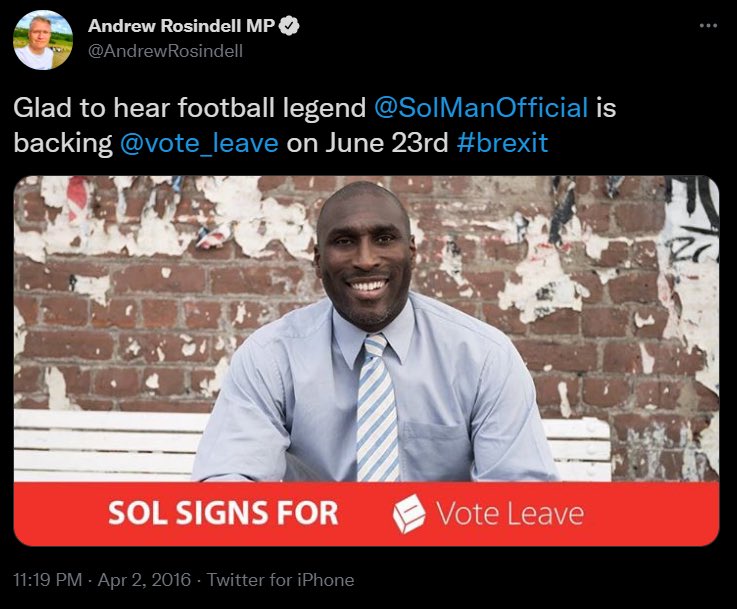 <a href="/AndrewRosindell/">Andrew Rosindell MP 🇬🇧🏴󠁧󠁢󠁥󠁮󠁧󠁿</a> Just so were clear Andrew -

Footballers "getting involved in politics" to support brexit: ✅
Footballers "getting involved in politics" to oppose racism: ❌

Yes?

That isnt telling footballers to stay out of politics. Its telling black men what they are and arent allowed to say