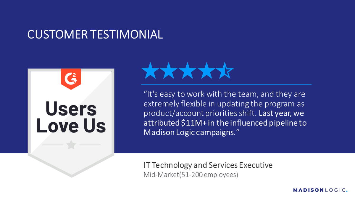 “Last year, we attributed $11 million+ in the influenced pipeline to Madison Logic,” says an IT Technology and Services Executive via g2. 

Learn more: bit.ly/34ktTSB #g2 #madisonlogic #customersfirst #martech #b2b #b2bmarketing #accountbasedmarketing #g2reviews #abm