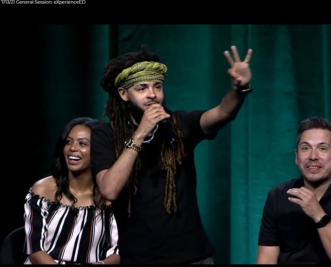 NCDPISC's tweet photo. #ASCA2021 Conference Dee-1 (David Augustin) on positive influences, Be Real, Be Righteous, Be Relevant and school counselors joining him on stage to dance and rap paying Sallie Mae Back. @NCSCA #ASCA21VC https://t.co/UDWdOxcAo0