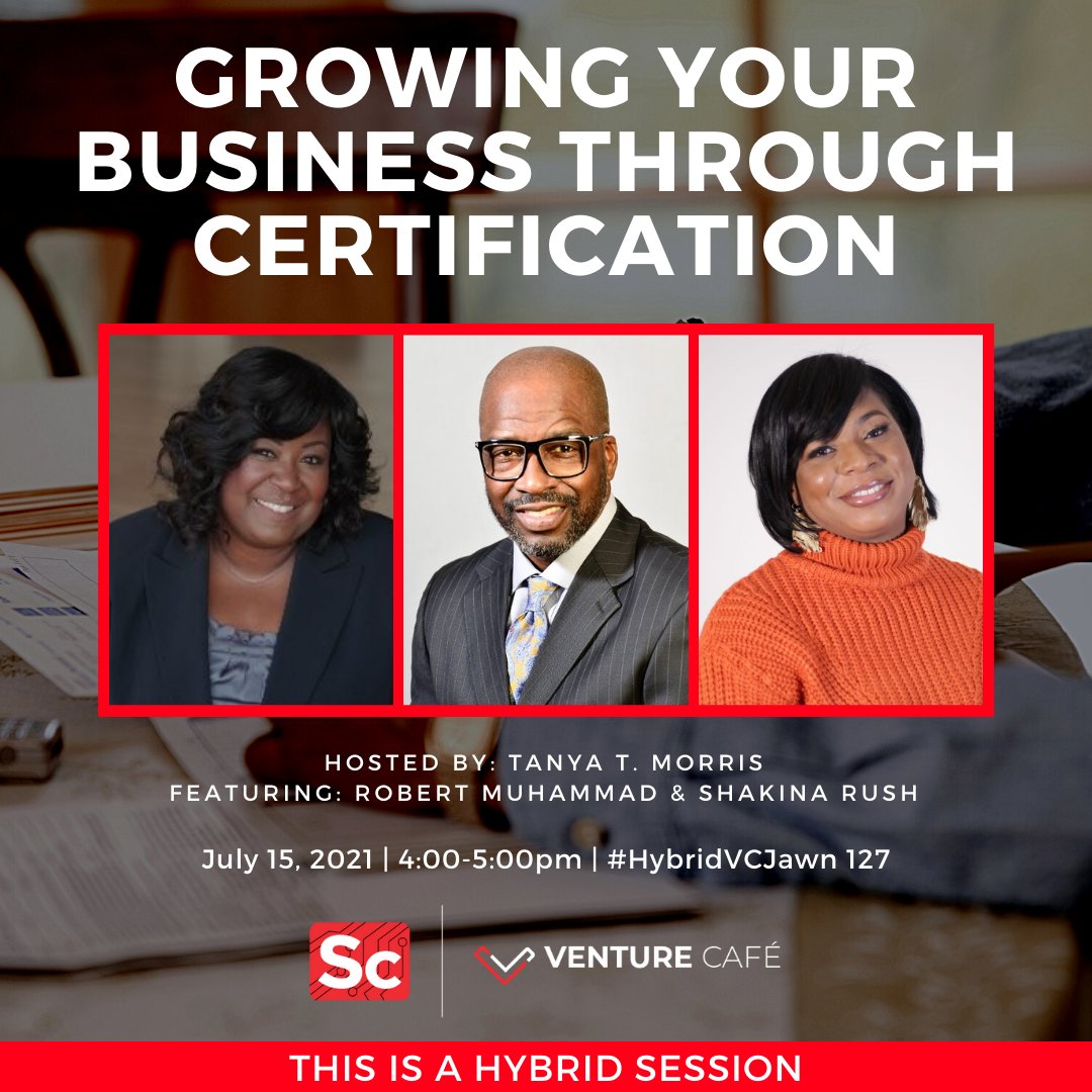 vencafePHL's tweet photo. 💬 Which certification is right for your business? Join us in person or online and learn how to do business with local state and federal government entities and how to use certifications as a marketing tool!
#freeevent #hybridevent #hybridvcjawn #thursdaygathering #hustle https://t.co/0PtseQmLiA