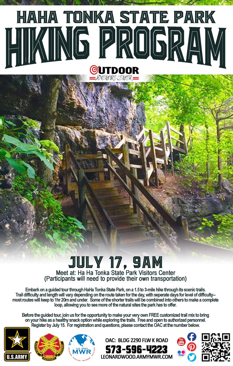 17 Jul, 9am: Ha Ha Tonka Hiking Program with Outdoor Adventure Center! Register by 15 Jul. More info: 573-596-4223.

Embark on a guided tour through Ha Ha Tonka State Park's scenic trails! Before the tour, join us for the opportunity to make your very own customized trail mix!