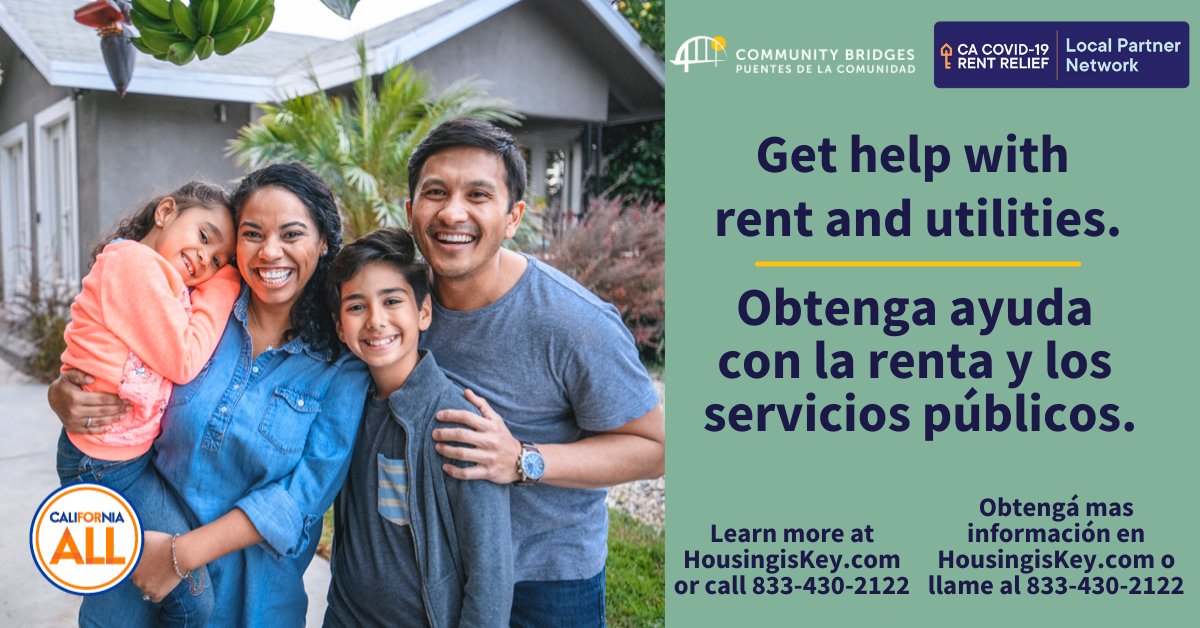 Applications have been simplified for the CA COVID-19 Rent Relief program to help get you rent and utility assistance more easily. Fewer documents are required, and you can apply regardless of your citizenship status. Go to HousingIsKey.com or call 833-430-2122 to apply.