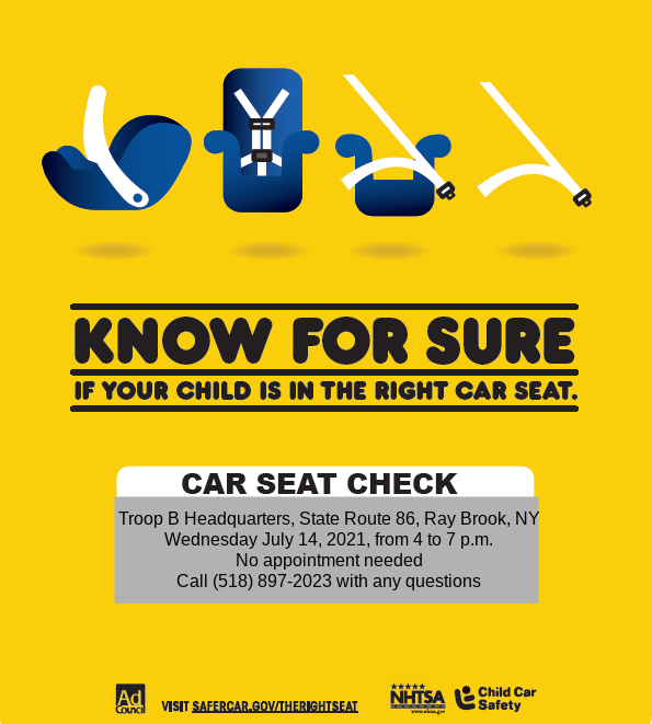 nyspolice's tweet photo. Child Safety Seat Check held in Ray Brook, NY on July 14, 2021, sponsored by the @nyspolice , @AdkHealth and @NYSGTSC. https://t.co/8iNathFwv1